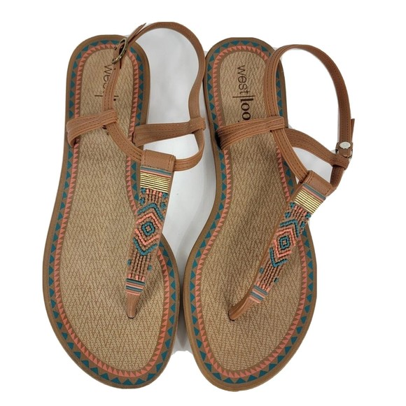 West Loop Women's Size 8 Boho Flat Thong Sandals with Beading Brown Pink… - Picture 1 of 5